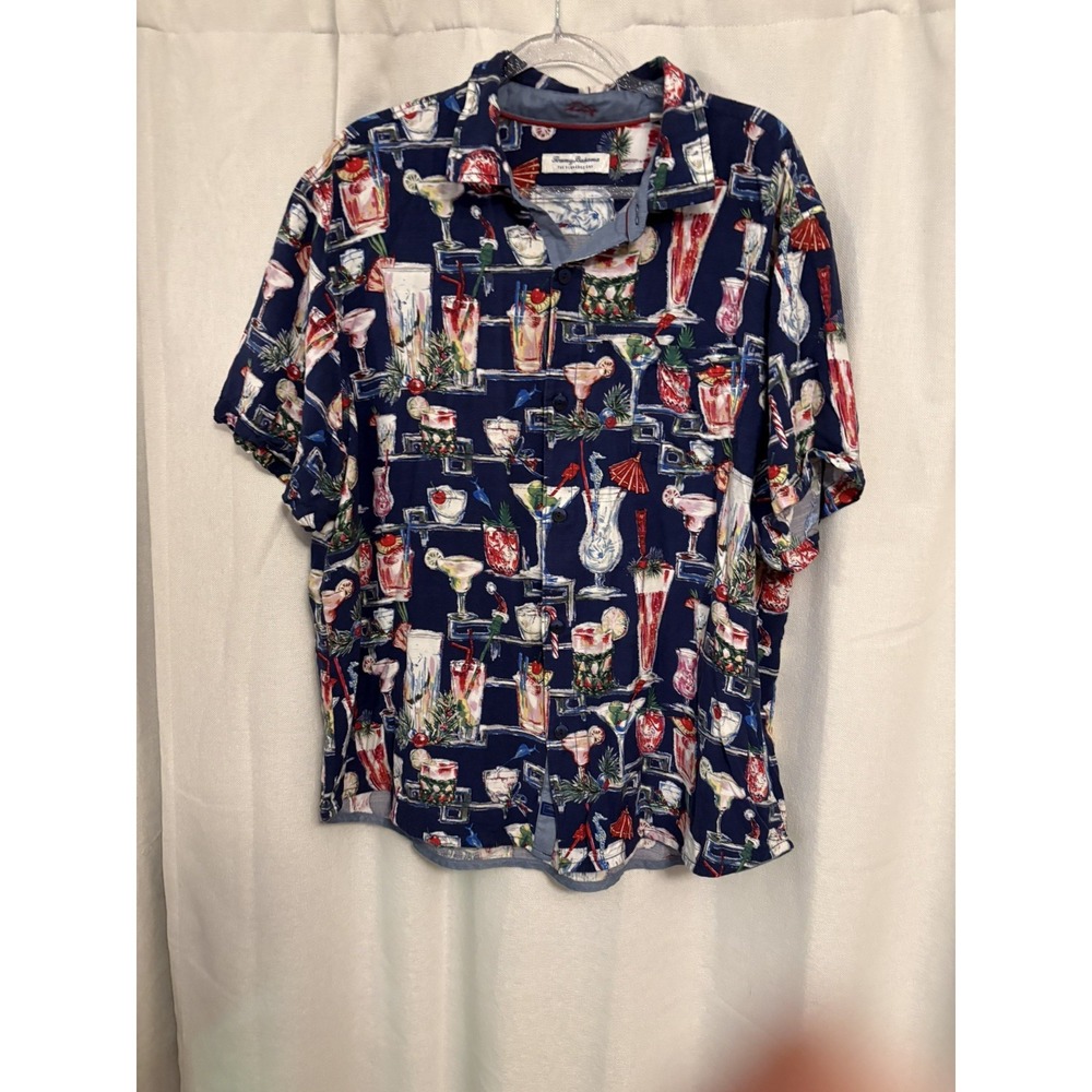 Tommy Bahama Shirt Mens 2XLT Blue Cocktail Christmas Hawaiian Button Front Camp